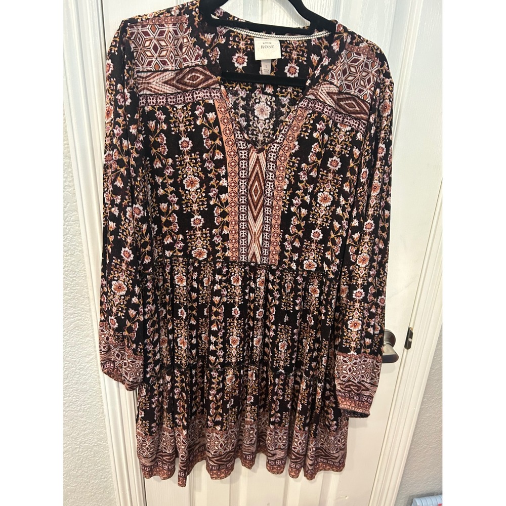 Knox Rose Dress Burgundy Floral Boho Long Sleeve Tiered Babydoll V-Neck Mini